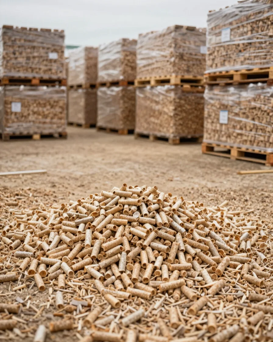 pallets of wood pellets in a storage yard ready for delivery