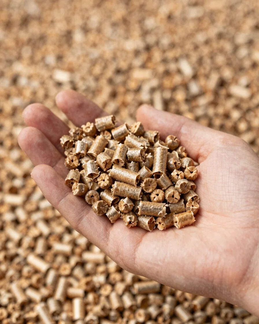 wood pellets held in a hand showing size and quality