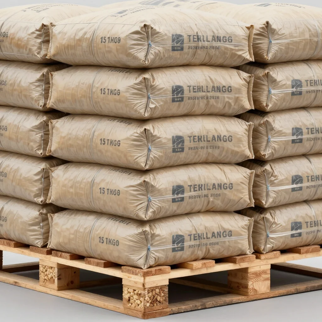 stacked pallet of hardwood heating pellets in bags